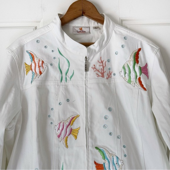Quacker Factory Embroidered Jacket 1X White Fish Sea Life Tropical Beach Sequins - Picture 2 of 16